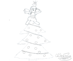 Size: 820x683 | Tagged: safe, artist:writepillar, imported from derpibooru, derpy hooves, pegasus, pony, a hearth's warming tail, christmas, christmas tree, cute, derpabetes, female, holiday, mare, monochrome, solo, tree