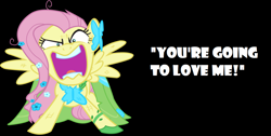 Size: 1202x607 | Tagged: safe, artist:mowza2k2, artist:twilyisbestpone, derpibooru exclusive, edit, imported from derpibooru, vector edit, fluttershy, pegasus, pony, angry, black background, clothes, dress, flower, flutterrage, gala dress, open mouth, quote, simple background, solo, vector, volumetric mouth, wings, you're going to love me