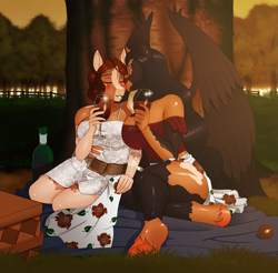 Size: 2335x2300 | Tagged: safe, artist:chacrawarrior, imported from derpibooru, imported from ponybooru, oc, oc only, oc:breaking dawn, oc:honeycrisp meadow, anthro, earth pony, pegasus, unguligrade anthro, alcohol, anthro oc, apple, apple tree, basket, big breasts, blaze (coat marking), blushing, bottle, breasts, cheek kiss, clothes, coat markings, commission, couple, digital art, dress, earth pony oc, eyes closed, facial markings, female, food, gift art, gilf, glass, high res, kiss on the cheek, kissing, lesbian, mare, milf, oc x oc, orchard, pegasus oc, picnic basket, picnic blanket, shipping, shoulderless, sunset, tree, wholesome, wine, wine bottle, wine glass, wings