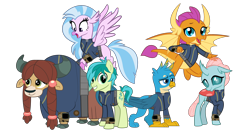 Size: 5360x3008 | Tagged: safe, artist:cheezedoodle96, artist:crystalmagic6, artist:dashiesparkle, artist:ponygamer2020, edit, imported from derpibooru, gallus, ocellus, sandbar, silverstream, smolder, yona, changedling, changeling, classical hippogriff, dragon, earth pony, griffon, hippogriff, pony, yak, fallout equestria, school daze, absurd resolution, claws, clothes, cloven hooves, crossed legs, cute, cuteling, diaocelles, diastreamies, dragon wings, dragoness, dragons wearing clothes, fallout, female, flying, gallabetes, group, happy, jewelry, jumpsuit, looking at you, male, necklace, open mouth, pipboy, raised eyebrow, sandabetes, shy, simple background, smiling, smiling at you, smolderbetes, solo, spread wings, student six, teenaged dragon, teenager, teeth, transparent background, vault suit, vector, wings, yonadorable