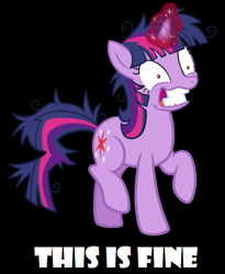 Size: 519x633 | Tagged: safe, artist:thecheeseburger, artist:twilyisbestpone, derpibooru exclusive, edit, imported from derpibooru, vector edit, twilight sparkle, pony, unicorn, big smile, black background, blatant lies, female, glowing horn, horn, insanity, mare, meme, messy mane, messy tail, one hoof raised, raised hoof, simple background, solo, this is fine, twilight snapple, unicorn twilight, vector, wide eyes