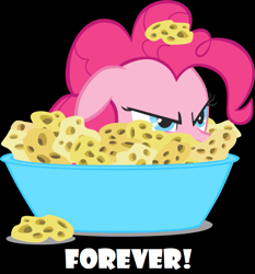 Size: 627x672 | Tagged: safe, artist:greseres, artist:twilyisbestpone, derpibooru exclusive, edit, imported from derpibooru, vector edit, pinkie pie, earth pony, pony, angry, black background, bowl, ears back, female, floppy ears, forever, hiding, lurking, mare, narrowed eyes, pinkie being pinkie, simple background, solo, sponge, vector