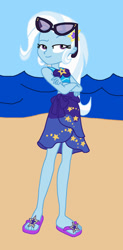 Size: 627x1275 | Tagged: safe, artist:agenthotman, imported from derpibooru, trixie, equestria girls, equestria girls series, forgotten friendship, beach, clothes, crossed arms, feet, female, flip-flops, sarong, sunglasses, swimsuit