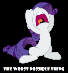 Size: 595x640 | Tagged: safe, artist:ajdispirito, artist:twilyisbestpone, derpibooru exclusive, edit, imported from derpibooru, vector edit, rarity, pony, unicorn, black background, despair, female, hooves in air, horrified, mare, marshmelodrama, nose in the air, open mouth, rarity being rarity, sad, screaming, simple background, solo, the worst possible thing, vector, volumetric mouth