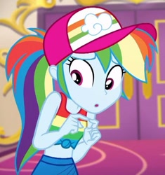 Size: 575x613 | Tagged: safe, imported from derpibooru, screencap, rainbow dash, equestria girls, equestria girls series, spring breakdown, spoiler:eqg series (season 2), :o, alternate hairstyle, bare shoulders, baseball cap, belly, cap, clothes, cloud, cropped, cruise outfit, door, exposed belly, eyebrows down, female, front knot midriff, hat, indoors, looking down, midriff, open mouth, pants, ponytail, sleeveless, solo, tanktop