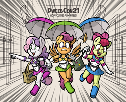 Size: 1500x1213 | Tagged: safe, artist:toonbat, imported from derpibooru, apple bloom, scootaloo, sweetie belle, anthro, earth pony, pegasus, unicorn, clothes, convention, cosplay, costume, cutie mark crusaders, older, older apple bloom, older cmc, older scootaloo, older sweetie belle, parachute, patreon, patreon reward, sailor moon, skydiving, tomboy, trio