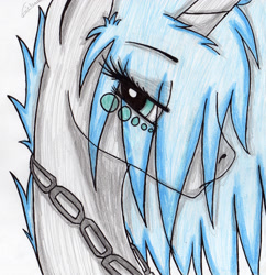 Size: 2382x2464 | Tagged: safe, artist:beamybutt, imported from derpibooru, oc, oc only, oc:moonbeam, pony, unicorn, bedroom eyes, bust, chains, eye clipping through hair, eyelashes, high res, horn, simple background, solo, traditional art, unicorn oc, white background