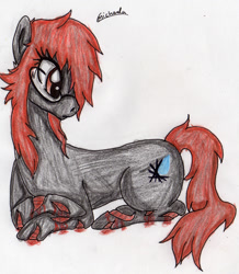 Size: 1745x2004 | Tagged: safe, artist:beamybutt, imported from derpibooru, oc, oc only, earth pony, pony, earth pony oc, eyelashes, female, looking back, lying down, mare, prone, signature, simple background, solo, traditional art, white background