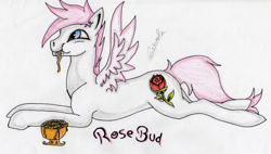 Size: 3154x1789 | Tagged: safe, artist:beamybutt, imported from derpibooru, oc, oc only, oc:rosebud, pegasus, pony, eyelashes, female, flower, high res, lying down, mare, pegasus oc, prone, rose, signature, simple background, solo, traditional art, white background, wings