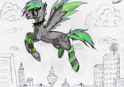 Size: 3491x2464 | Tagged: safe, artist:beamybutt, imported from derpibooru, oc, oc only, pegasus, pony, clothes, cloud, flying, high res, male, outdoors, pegasus oc, signature, socks, solo, stallion, striped socks, traditional art, two toned wings, wings