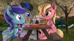 Size: 3840x2160 | Tagged: safe, artist:melodiousmarci, imported from derpibooru, oc, oc:jet setter, oc:sierra nightingale, oc:slipstream, pegasus, 3d, clothes, flower, food, grass, high res, milkshake, picnic, sandwich, scenebuild, socks, source filmmaker, table, tree