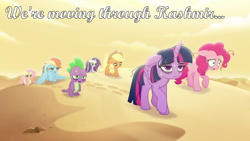 Size: 1920x1080 | Tagged: safe, edit, edited screencap, imported from derpibooru, screencap, applejack, fluttershy, pinkie pie, rainbow dash, rarity, spike, twilight sparkle, alicorn, my little pony: the movie, bags under eyes, desert, india, kashmir, led zeppelin, mane seven, mane six, messy mane, quote, song reference, sweat, twilight sparkle (alicorn)