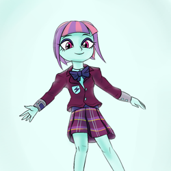 Size: 1200x1200 | Tagged: safe, artist:kul, imported from derpibooru, sunny flare, equestria girls, clothes, crystal prep academy uniform, looking at you, school uniform, simple background, smiling, smiling at you