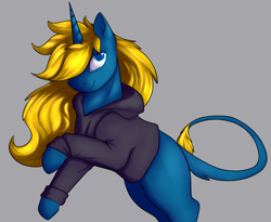 Size: 3266x2684 | Tagged: safe, artist:flashnoteart, imported from derpibooru, oc, oc only, oc:flashnote, pony, unicorn, clothes, colored, high res, hoodie, long mane, male, rearing, smiling, solo
