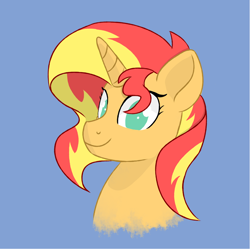 Size: 822x820 | Tagged: safe, artist:iron curtain, imported from derpibooru, sunset shimmer, pony, unicorn, blue background, bust, cute, eyelashes, female, looking at you, lowres, mare, portrait, shimmerbetes, simple background, smiling