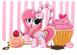 Size: 4096x2952 | Tagged: safe, artist:kittyrosie, imported from derpibooru, oc, oc only, oc:rosa flame, pony, unicorn, candy, candy cane, chocolate, cupcake, cute, desert, flower, flower in hair, food, horn, macaron, ocbetes, one hoof raised, open mouth, raised hoof, solo, unicorn oc