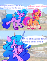 Size: 635x828 | Tagged: safe, artist:conphettey, artist:sunnystarscout, imported from derpibooru, izzy moonbow, sunny starscout, earth pony, pony, unicorn, bag, braid, comic, dialogue, duo, eyes closed, female, g5, happy, house, mare, open mouth, photoshop, speech bubble, text, unshorn fetlocks, watermark