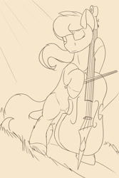 Size: 1600x2400 | Tagged: safe, artist:tenebrisnoctus, imported from derpibooru, octavia melody, earth pony, pony, bipedal, bow (instrument), cello, cello bow, dexterous hooves, eyes closed, female, hoof hold, mare, monochrome, musical instrument, sketch, solo, wip