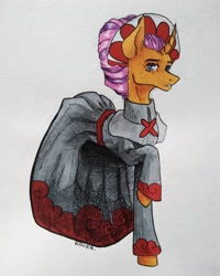 Size: 3000x3750 | Tagged: safe, artist:rover, imported from derpibooru, sable spirit, pony, unicorn, campfire tales, clothes, curved horn, empress sable spirit, female, high res, horn, mare, solo, traditional art, young, young sable spirit, younger