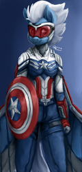 Size: 1080x2250 | Tagged: safe, artist:raphaeldavid, imported from derpibooru, night glider, anthro, pegasus, captain america, clothes, female, goggles, mare, marvel cinematic universe, marvel comics, shield, solo, suit