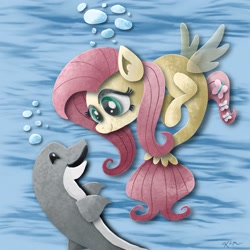 Size: 2048x2048 | Tagged: safe, artist:catscratchpaper, imported from derpibooru, fluttershy, dolphin, seapony (g4), female, high res, not finn tastic, seaponified, seapony fluttershy, solo, species swap, underwater, watershy