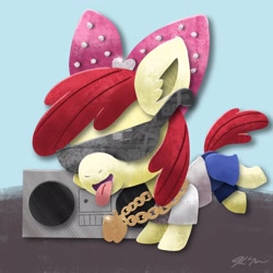 Size: 2048x2048 | Tagged: safe, artist:catscratchpaper, imported from derpibooru, apple bloom, earth pony, pony, boombox, clothes, female, filly, high res, jewelry, necklace, pants, shirt, solo, sunglasses, tongue out