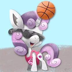 Size: 2048x2048 | Tagged: safe, artist:catscratchpaper, imported from derpibooru, sweetie belle, pony, unicorn, basketball, clothes, female, filly, high res, horn, horn impalement, jersey, solo, sports, sunglasses