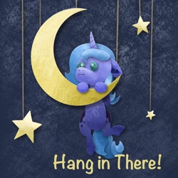 Size: 2048x2048 | Tagged: safe, artist:catscratchpaper, imported from derpibooru, princess luna, alicorn, pony, crescent moon, female, filly, filly luna, hang in there, hanging, high res, moon, s1 luna, solo, tangible heavenly object, transparent moon, woona, younger