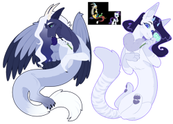 Size: 1024x738 | Tagged: safe, artist:purplegrim40, imported from derpibooru, discord, rarity, oc, oc only, draconequus, hybrid, female, flower, fraternal twins, interspecies offspring, male, offspring, parent:discord, parent:rarity, parents:raricord, paw pads, paws, raricord, shipping, siblings, simple background, straight, toe beans, transparent background, underpaw
