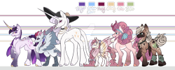 Size: 1280x511 | Tagged: safe, artist:blizzard-queen, imported from derpibooru, applejack, fluttershy, pinkie pie, rainbow dash, rarity, twilight sparkle, alicorn, classical unicorn, earth pony, harpy, kirin, monster pony, original species, pony, unicorn, alternate design, alternate universe, amputee, cloven hooves, harness, hat, headband, height difference, jewelry, kirin pinkie, leonine tail, mane six, necklace, scar, size chart, size comparison, size difference, species swap, tack, twilight sparkle (alicorn), unshorn fetlocks, wingless