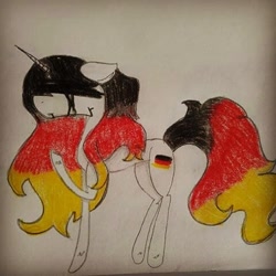 Size: 480x480 | Tagged: safe, artist:shards_of_black_glass, imported from derpibooru, oc, oc only, pony, unicorn, blindfold, crying, female, germany, horn, mare, nation ponies, ponified, raised hoof, signature, solo, traditional art, unicorn oc