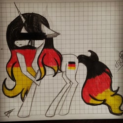Size: 768x768 | Tagged: safe, artist:shards_of_black_glass, imported from derpibooru, oc, oc only, pony, unicorn, blindfold, crying, female, germany, graph paper, horn, mare, nation ponies, ponified, raised hoof, signature, solo, traditional art, unicorn oc