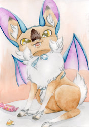 Size: 800x1145 | Tagged: safe, artist:cindertale, imported from derpibooru, oc, oc only, oc:cinder, deer, zubat, bat wings, chest fluff, clothes, cloven hooves, cosplay, costume, cute, deer oc, ear fluff, male, pokémon, traditional art, wings