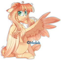 Size: 2468x2429 | Tagged: safe, artist:mediasmile666, imported from derpibooru, oc, oc only, oc:lyshuu, pegasus, pony, art trade, chest fluff, coat markings, eye clipping through hair, eye reflection, female, floppy ears, high res, looking at you, mare, one wing out, reflection, sidemouth, simple background, sitting, smiling, solo, speedpaint available, spread wings, transparent background, underhoof, wings
