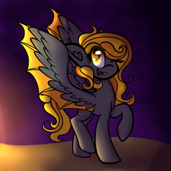 Size: 1280x1280 | Tagged: safe, artist:pixels-and-ponies, artist:princessfaeron, imported from derpibooru, oc, oc only, oc:pumpkin, bat pony, pony, female, hybrid wings, mare, one eye closed, solo, wings, wink