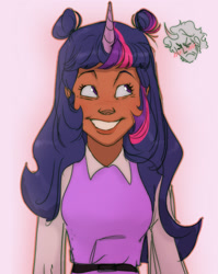 Size: 1127x1414 | Tagged: safe, artist:gloomy-doom, imported from derpibooru, king sombra, twilight sparkle, human, blushing, bust, clothes, dark skin, female, hair bun, horn, horned humanization, humanized, looking up, male, shipping, simple background, space buns, straight, twibra