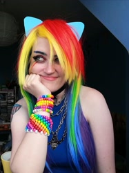 Size: 3167x4224 | Tagged: safe, artist:milkteeth98, imported from derpibooru, rainbow dash, human, bracelet, clothes, cosplay, costume, goth, irl, irl human, jewelry, necklace, photo, sleeveless, solo, tattoo