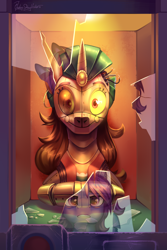 Size: 2000x3000 | Tagged: safe, artist:jedayskayvoker, imported from derpibooru, imported from ponybooru, oc, oc only, oc:madame fortuna, pony, robot, robot pony, broken glass, commission, duo, fortune teller, high res, offscreen character, reflection, smiling, solo, zoltar