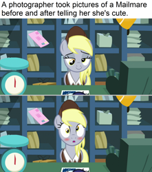 Size: 1920x2171 | Tagged: safe, edit, edited screencap, imported from derpibooru, screencap, derpy hooves, pegasus, pony, between dark and dawn, :o, blushing, cash register, cute, derpabetes, female, letter, mailmare, mailmare uniform, mare, meme, open mouth, package, postcard, realization, solo, weighing scale