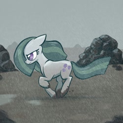 Size: 2048x2048 | Tagged: safe, artist:pfeffaroo, imported from derpibooru, marble pie, earth pony, pony, determined, dirty hooves, female, floppy ears, high res, mare, outdoors, profile, rain, rock, rock farm, running, solo