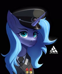 Size: 2000x2375 | Tagged: source needed, useless source url, safe, artist:delta hronum, imported from derpibooru, princess luna, alicorn, pony, alternate hairstyle, black background, bust, clothes, cute, darkness, east germany, german, hat, head, high res, lunabetes, s1 luna, serious, serious face, simple background, solo, uniform