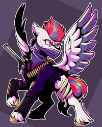 Size: 1600x2000 | Tagged: safe, artist:lordofthefeathers, imported from derpibooru, zipp storm, pegasus, pony, abstract background, angry, badass, bullet, clothes, colored wings, female, g5, gun, mare, multicolored wings, raised hoof, solo, spread wings, unshorn fetlocks, weapon, wings