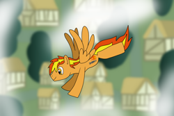 Size: 1280x854 | Tagged: safe, artist:platinumdrop, imported from derpibooru, oc, oc only, oc:firey ratchet, pony, flying, ponyville, request, solo