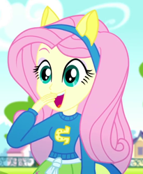 Size: 554x675 | Tagged: safe, imported from derpibooru, screencap, fluttershy, eqg summertime shorts, equestria girls, steps of pep, clothes, cropped, cute, fake ears, fake tail, hand on mouth, open mouth, open smile, skirt, smiling, solo, sweater, wondercolts uniform