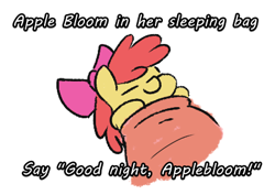 Size: 419x297 | Tagged: safe, artist:jargon scott, imported from derpibooru, imported from ponybooru, apple bloom, earth pony, pony, adorabloom, cute, female, filly, meme, simple background, sleeping, sleeping bag, solo, text, white background