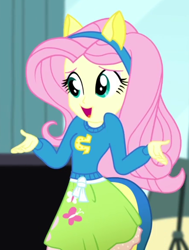 Size: 438x579 | Tagged: safe, imported from derpibooru, screencap, fluttershy, eqg summertime shorts, equestria girls, steps of pep, <:d, clothes, cropped, cute, open mouth, shrug, skirt, wat, wondercolts uniform