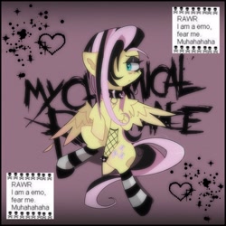 Size: 2048x2048 | Tagged: safe, artist:blairvonglitter, imported from derpibooru, fluttershy, pegasus, pony, alternate hairstyle, clothes, collar, dyed mane, dyed tail, emo, emoshy, eyeshadow, fishnets, high res, makeup, my chemical romance, socks, spiked wristband, text, wristband