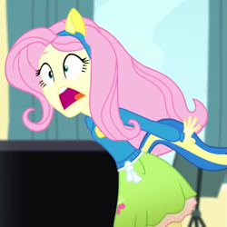 Size: 583x584 | Tagged: safe, imported from derpibooru, screencap, fluttershy, eqg summertime shorts, equestria girls, steps of pep, clothes, cropped, fake ears, fake tail, hem, open mouth, skirt, solo, sweater, wondercolts uniform