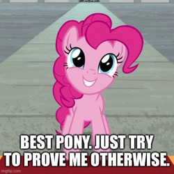 Size: 500x500 | Tagged: safe, edit, edited screencap, imported from derpibooru, screencap, pinkie pie, earth pony, pony, season 9, the last laugh, spoiler:s09, best pony, caption, cropped, cute, diapinkes, female, happy, image macro, imgflip, mare, smiling, solo, text