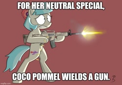 Size: 718x500 | Tagged: safe, artist:pandramodo, edit, editor:professorventurer, imported from derpibooru, coco pommel, assault rifle, caption, gritted teeth, gun, image macro, imgflip, m4a1, meme, muzzle flash, neutral special, rifle, super smash bros., text, weapon